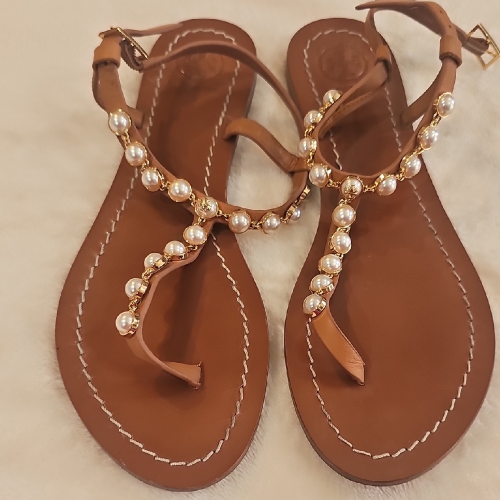 Tory Burch Brown Sandals with Pearl Accents